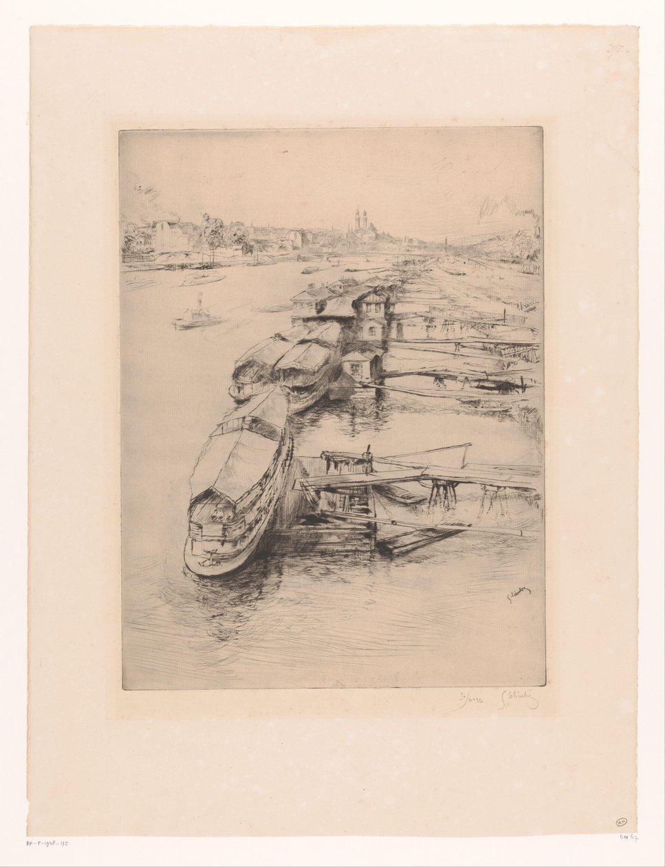 Bateaux amarrés à Auteuil, Paris - Gustave Leheutre (signed by artist)