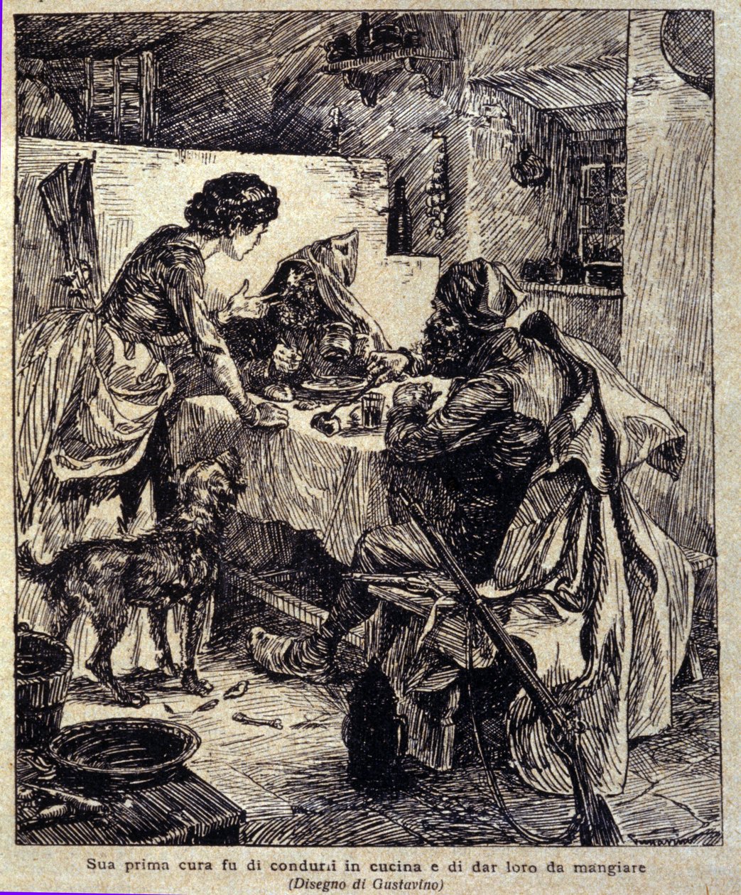 sa première préoccupation était de les conduire à la cuisine et de les nourrir... Illustration de la nouvelle « Colomba » écrite par Prosper Mérimée. Gravure de Gustavino (Gustavo Rosso) (1881-1950), vers 1915 - Gustavo Gustavino Rosso