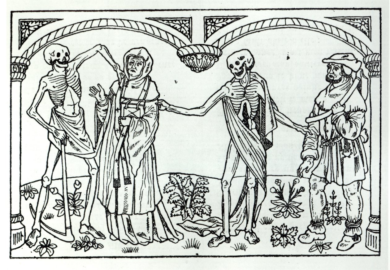 La mort prenant le prêtre et le paysan, de la Danse Macabre, publiée à Paris, 1485 - Guy Marchant