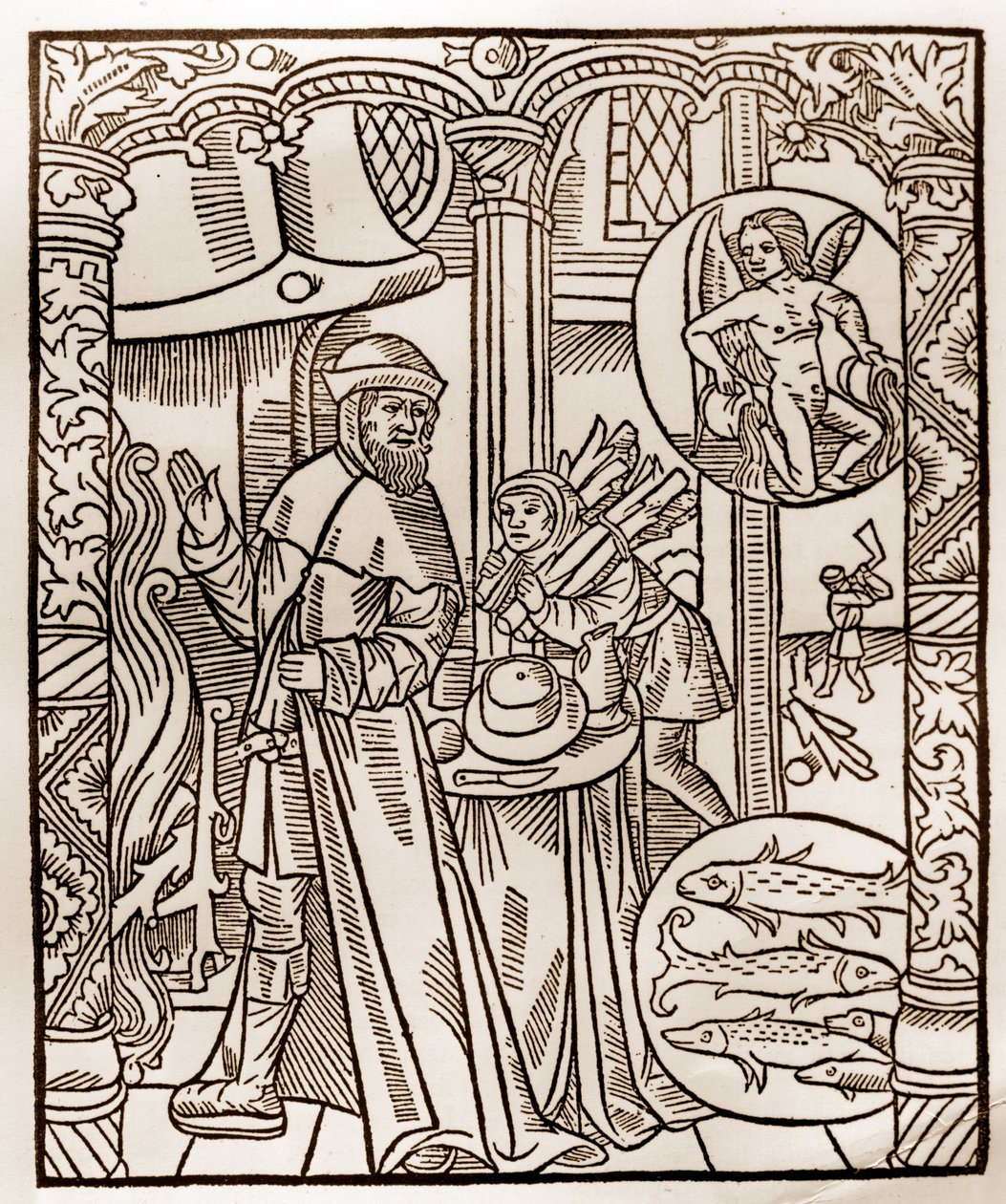 Calendrier du berger - Les Travaux des Mois - Février - Gravure sur bois du livre de 1496 imprimé par Guy Marchant (Guido Mercator) à Troyes - Gravure sur bois dans « Le grand Calendrier et compost des bergers » - Guy Marchant