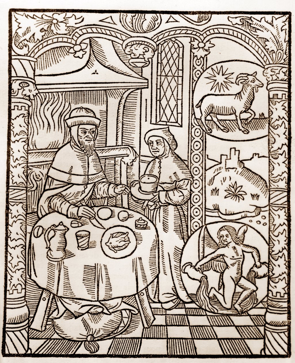 Calendrier des bergers - Les travaux des mois - Janvier - Gravure sur bois du livre de 1496 imprimé par Guy Marchant à Troyes - Gravure sur bois dans 