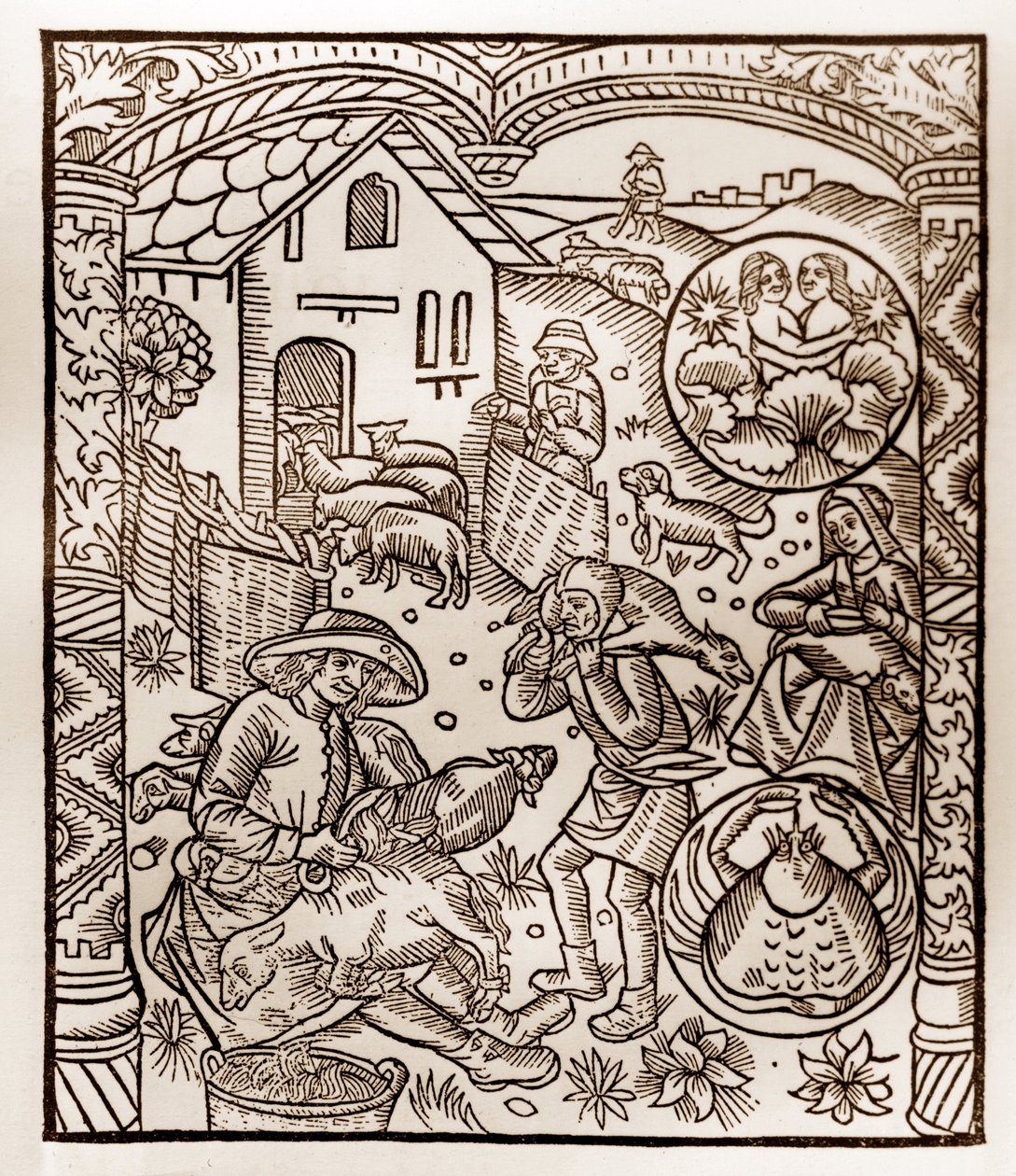 Calendrier du berger - Les Travaux des Mois - Juin - Gravure sur bois du livre de 1496 imprimé par Guy Marchant (Guido Mercator) à Troyes - Gravure sur bois dans « Le grand Calendrier et compost des bergers » - Guy Marchant