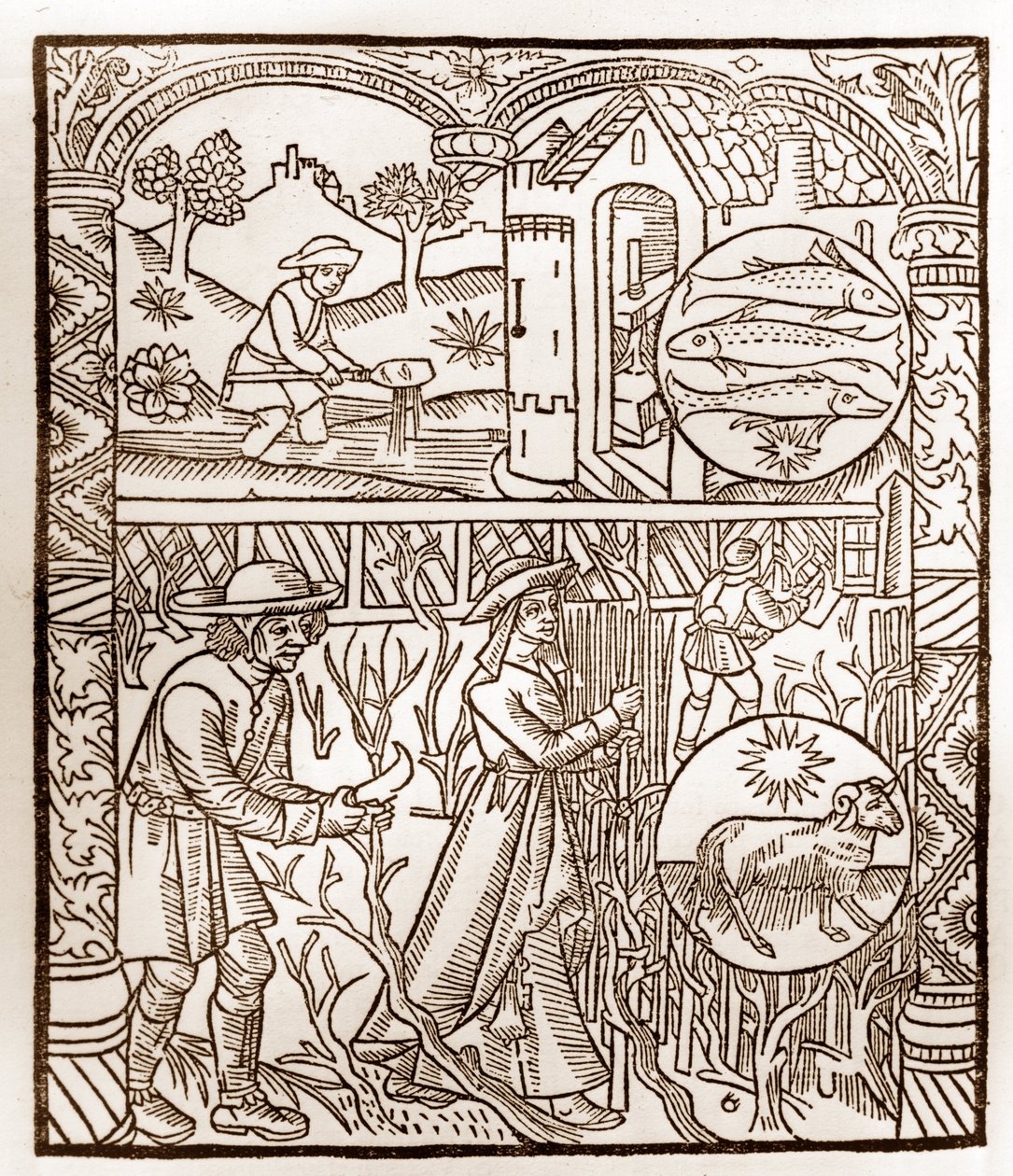 Calendrier du berger - Les Travaux des Mois - Mars - Gravure sur bois du livre de 1496 imprimé par Guy Marchant (Guido Mercator) à Troyes - Gravure sur bois dans "Le grand Calendrier et compost des bergers". - Guy Marchant