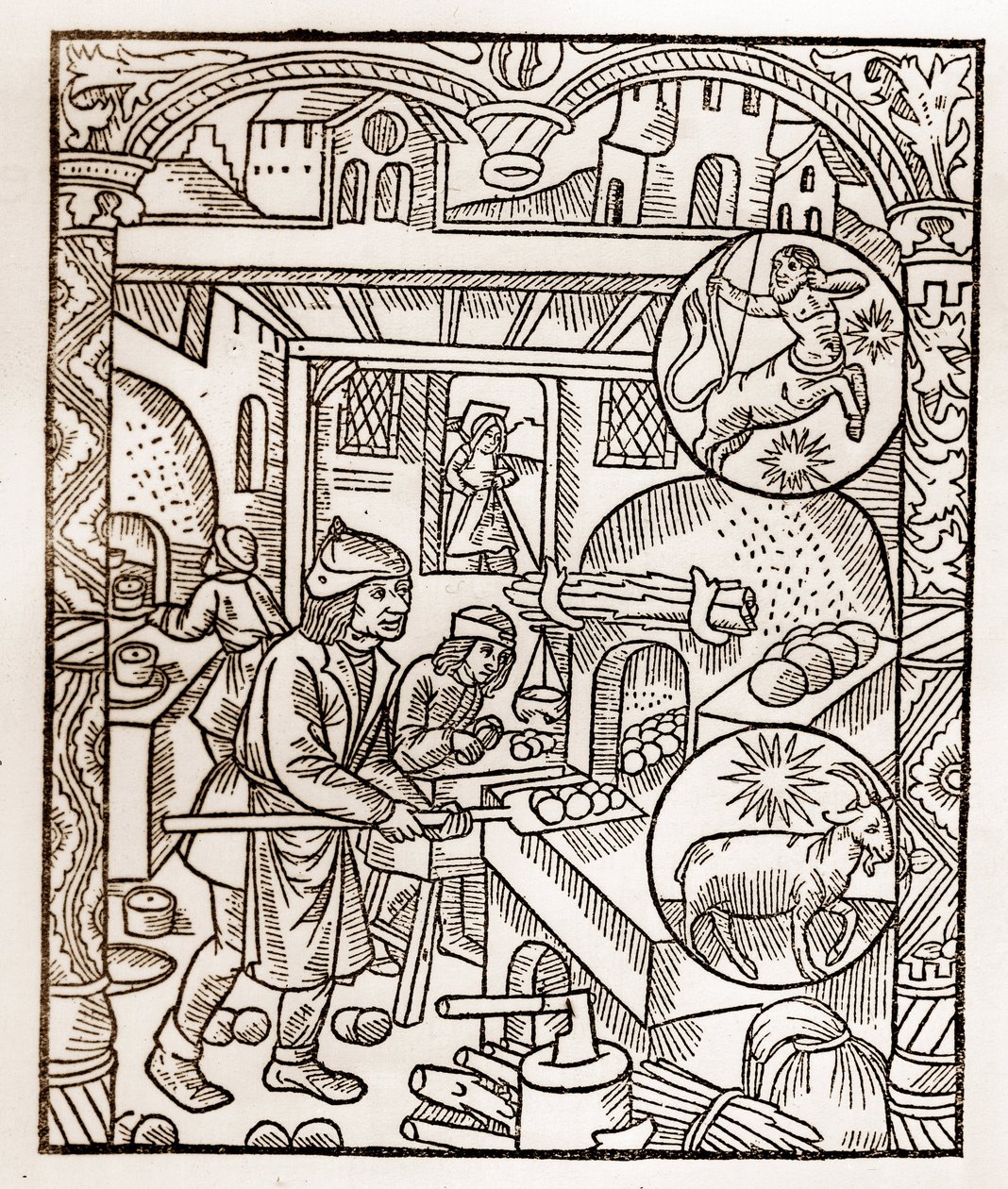 Calendrier du berger - Les Travaux des Mois - Novembre - Gravure sur bois du livre de 1496 imprimé par Guy Marchant (Guido Mercator) à Troyes - Gravure sur bois dans "Le grand Calendrier et compost des bergers" - Four à pain. - Guy Marchant