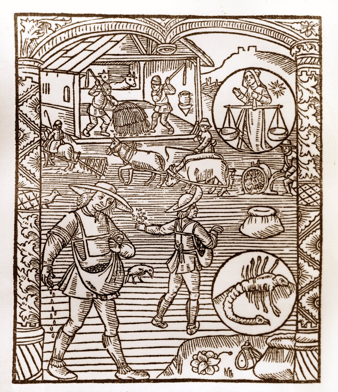 Calendrier des bergers - Les travaux des mois - Septembre - Gravure sur bois du livre de 1496 imprimé par Guy Marchant (Guido Mercator) à Troyes - Au premier plan, des paysans sèment à la volée - Gravure sur bois dans 