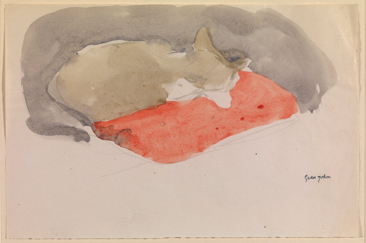 Chat dormant sur un coussin rouge - Gwen John