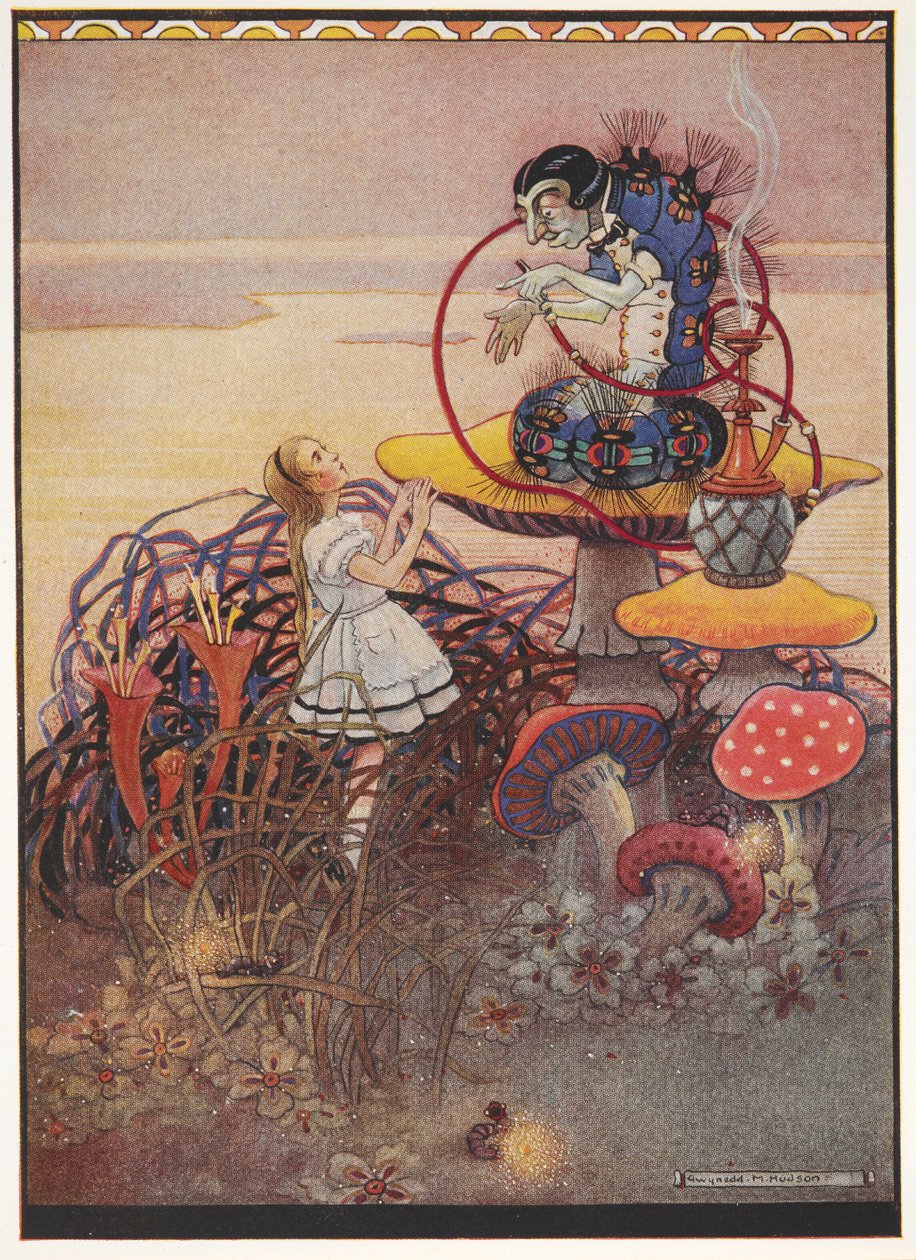 Alice parlant à la chenille bleue qui est assise sur un champignon géant, fumant une pipe - Gwynedd M. Hudson