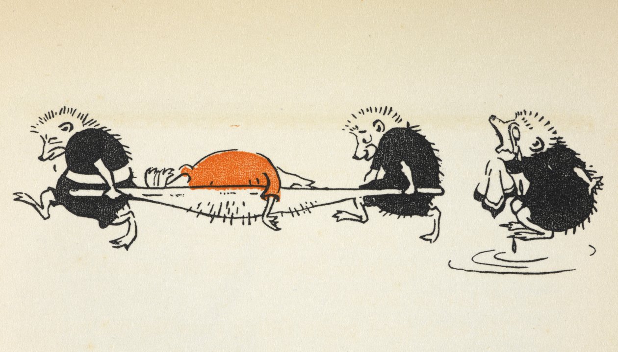 Illustration de deux hérissons portant un joueur de croquet blessé suivi par un autre hérisson pleurant. - Gwynedd M. Hudson