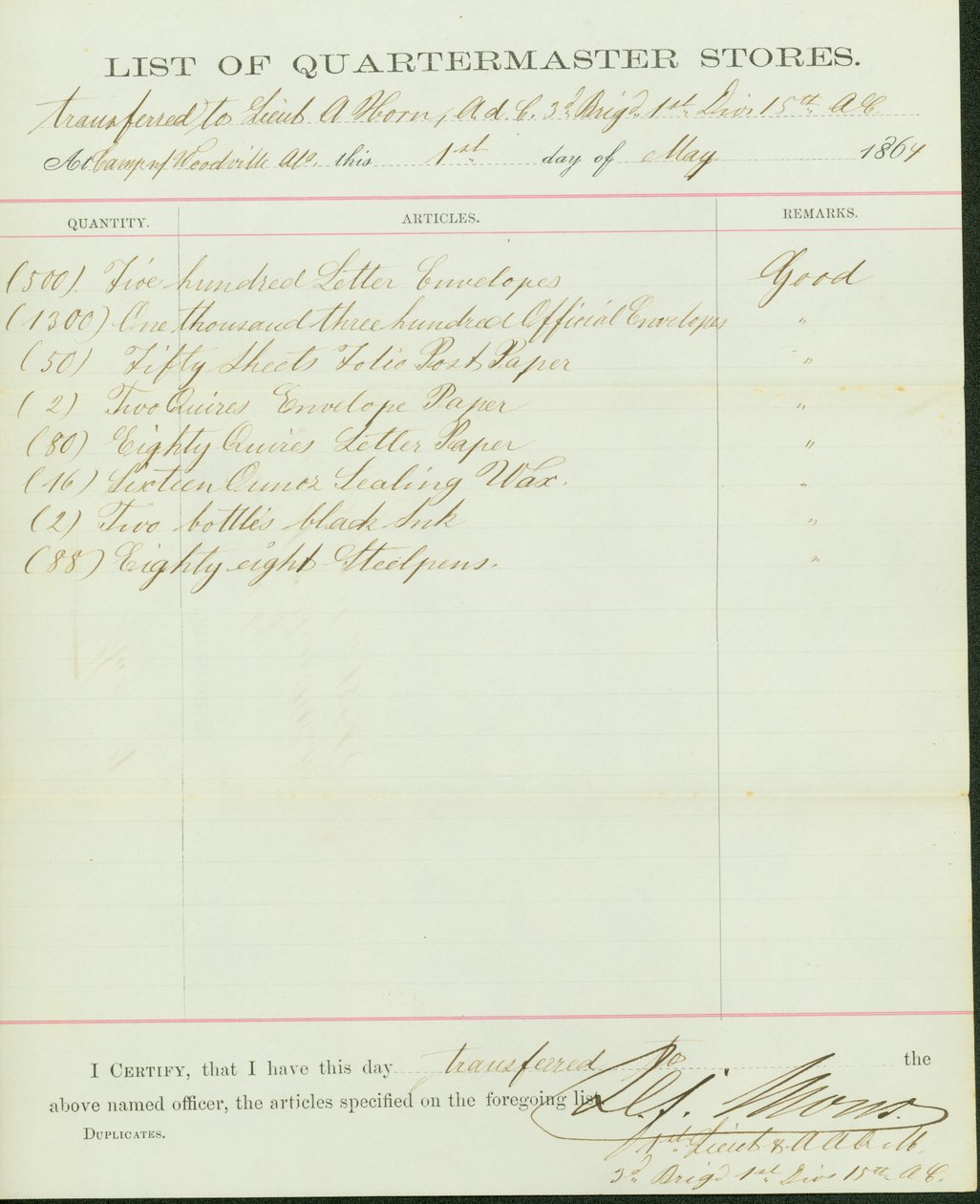 Liste des articles transférés au lieutenant A. Horn - H. F. Mons
