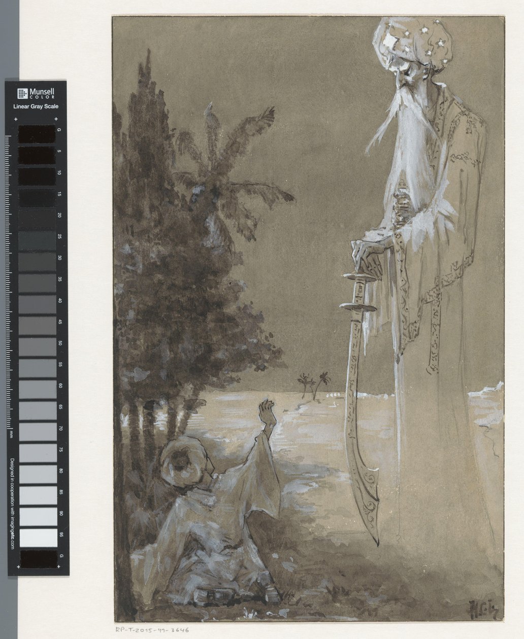 Homme grand avec une barbe regardant un garçon assis - H.C. Louwerse (signed by artist)