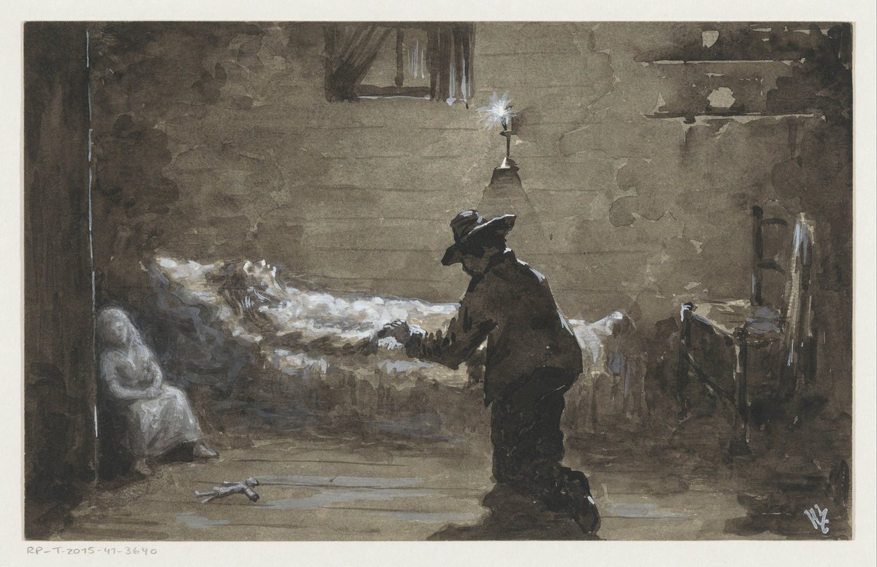 Homme agenouillé près du lit d