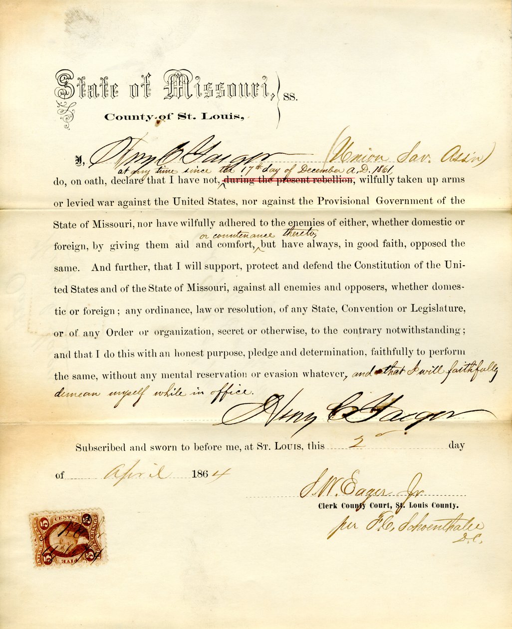 Serment de loyauté de Henry C. Yaeger du Missouri, Comté de St. Louis - H.C. Yaeger