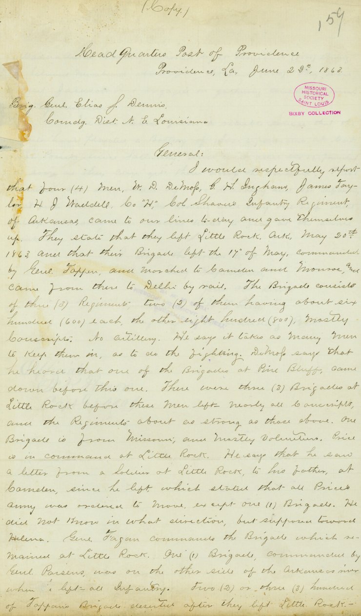 Lettre de H. T. Reid, quartier général, Poste de Providence, Louisiane, au Brigadier Général Elias S. Dennis, 22 juin 1863 - H.T. Reid