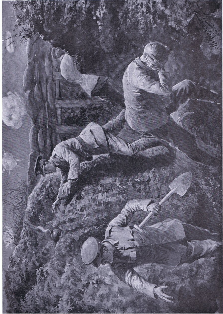 Le sous-lieutenant Rochfort ramasse une bombe qui allait exploser et la jette hors de la tranchée (décoré de la VC) (lithographie) - H. Ripperger