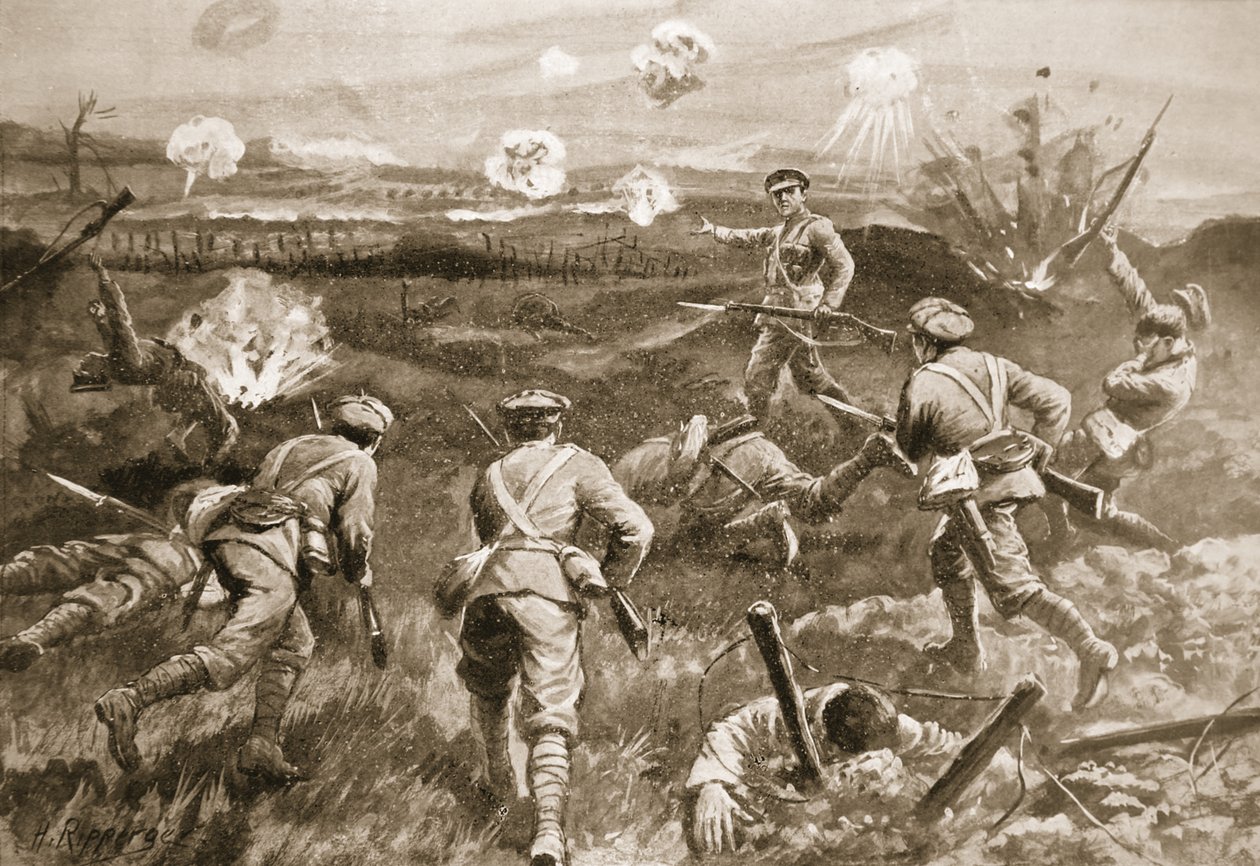 Le sergent H. Wells menant un peloton vers les barbelés allemands après la mort de son officier - H. Ripperger