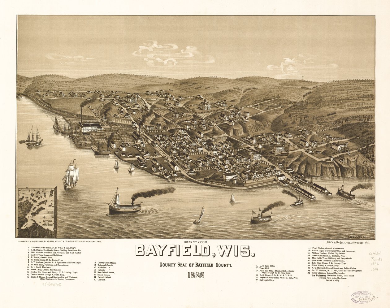 Vue aérienne de Bayfield, Wisconsin, siège du comté de Bayfield, 1886. LOC 75696703 - H. Wellge