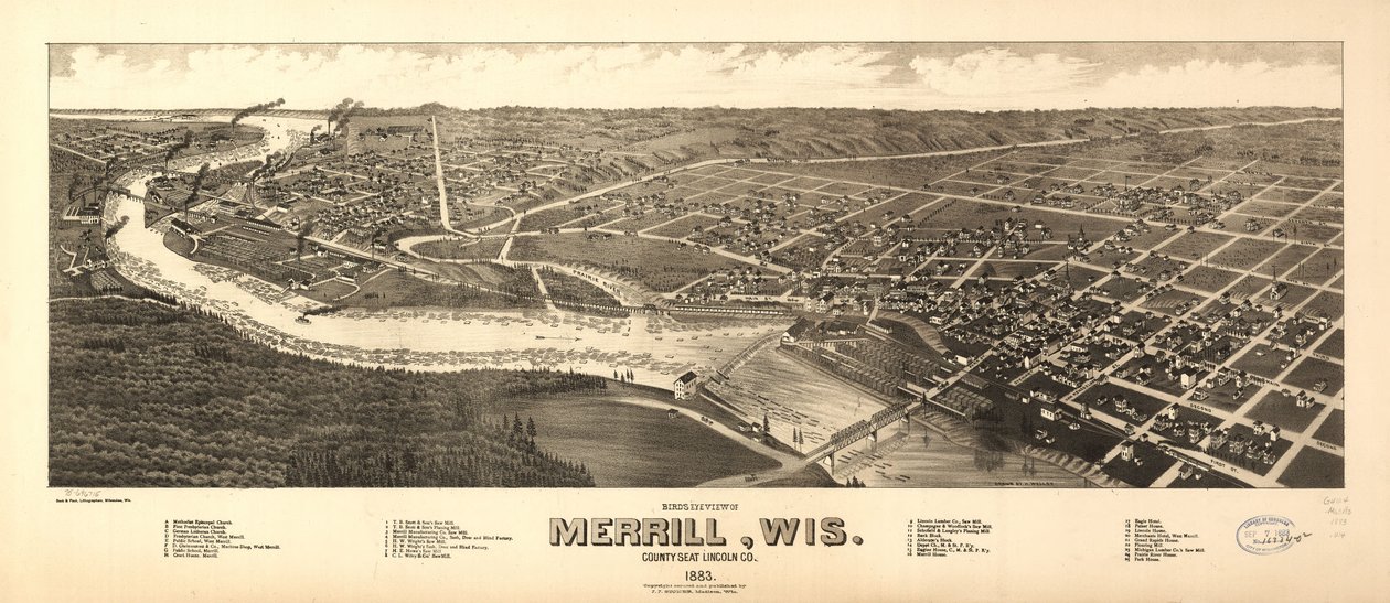 Vue aérienne de Merrill, Wis. siège du comté de Lincoln Co. 1883. LOC 75696715 - H. Wellge
