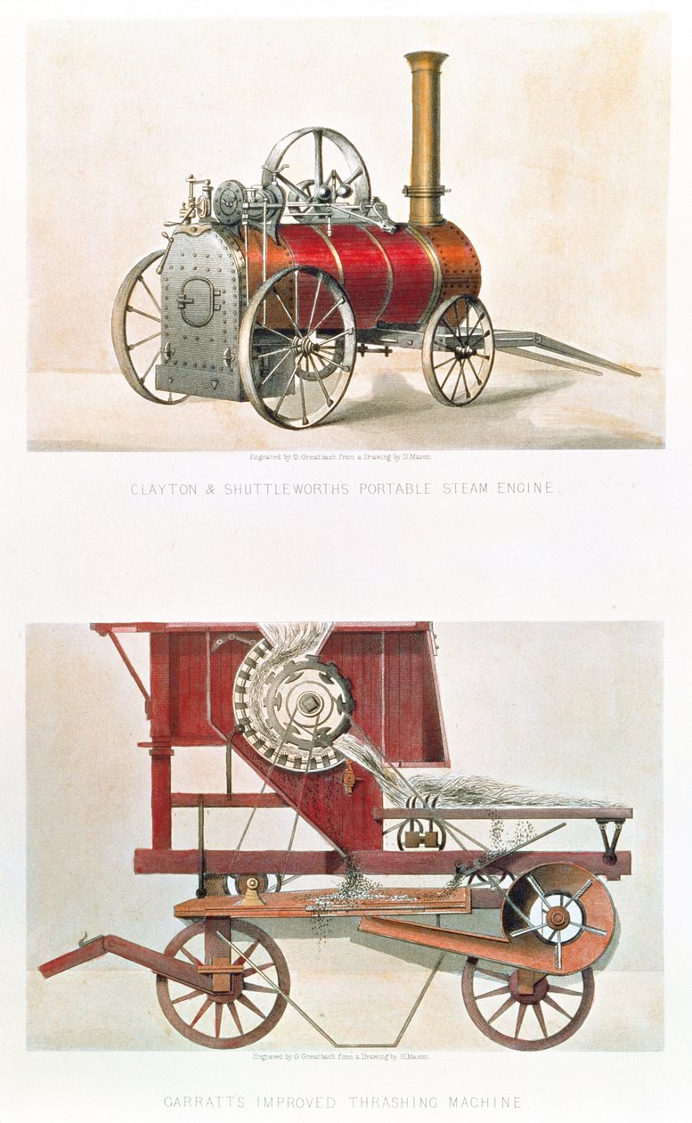 Machine à vapeur portable de Clayton et Shuttleworth et batteuse améliorée de Garratt, gravé par G. Greatbach - H. after Mason