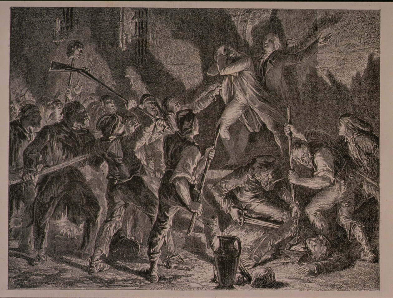 Le massacre dans les prisons en septembre 1792, gravé par Jean-Baptiste Charles Carbonneau (né en 1815) - H. de la Charlerie