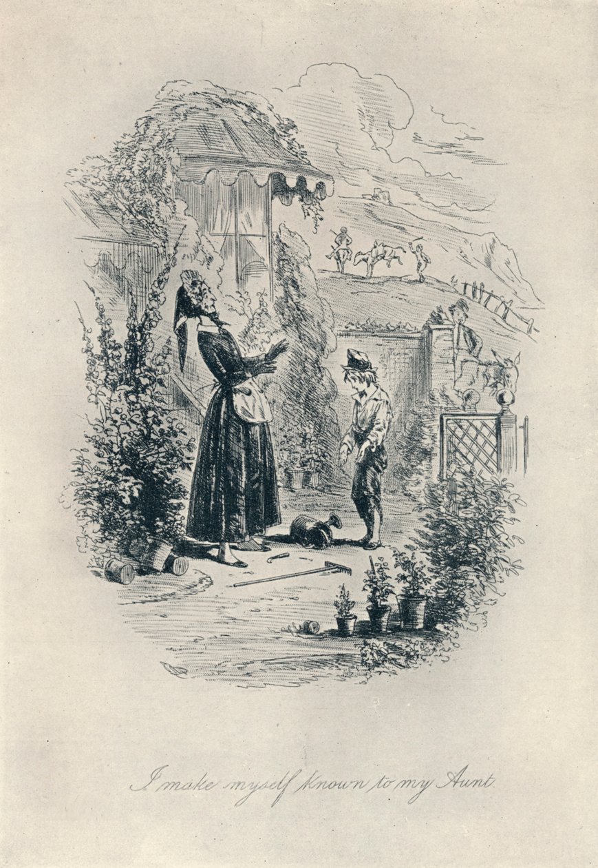 Je me fais connaître de ma tante. Gravure de David Copperfield, vers 1840-1880, 1923 - Hablot Knight Browne