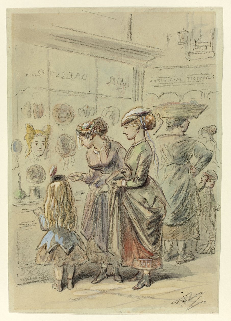 Deux dames et une petite fille devant le salon de coiffure - Hablot Knight Browne
