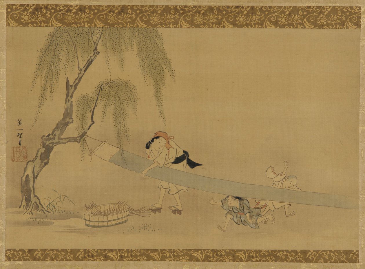 Femme étendant du linge à sécher, deux enfants jouant, période Edo - Hanabusa Itcho
