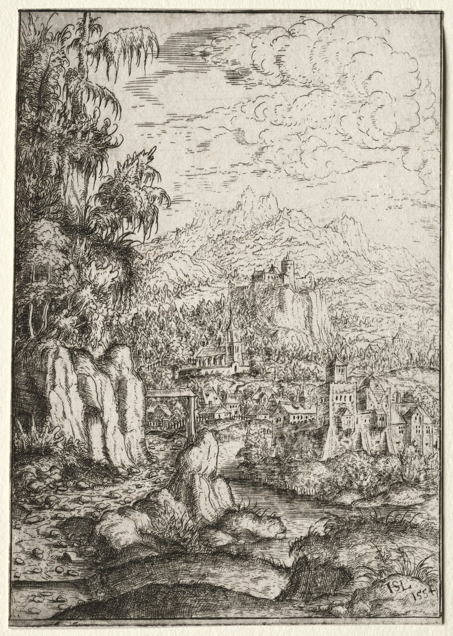 Paysage avec une route vers un château sur une île dans une rivière - Hanns Lautensack