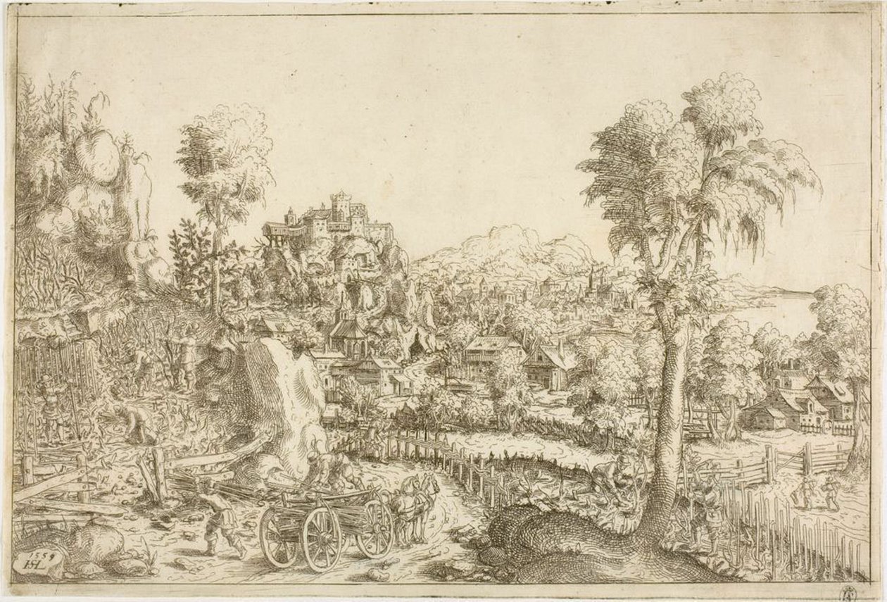Paysage avec une vigne, au milieu un chariot chargé de poteaux - Hanns Lautensack