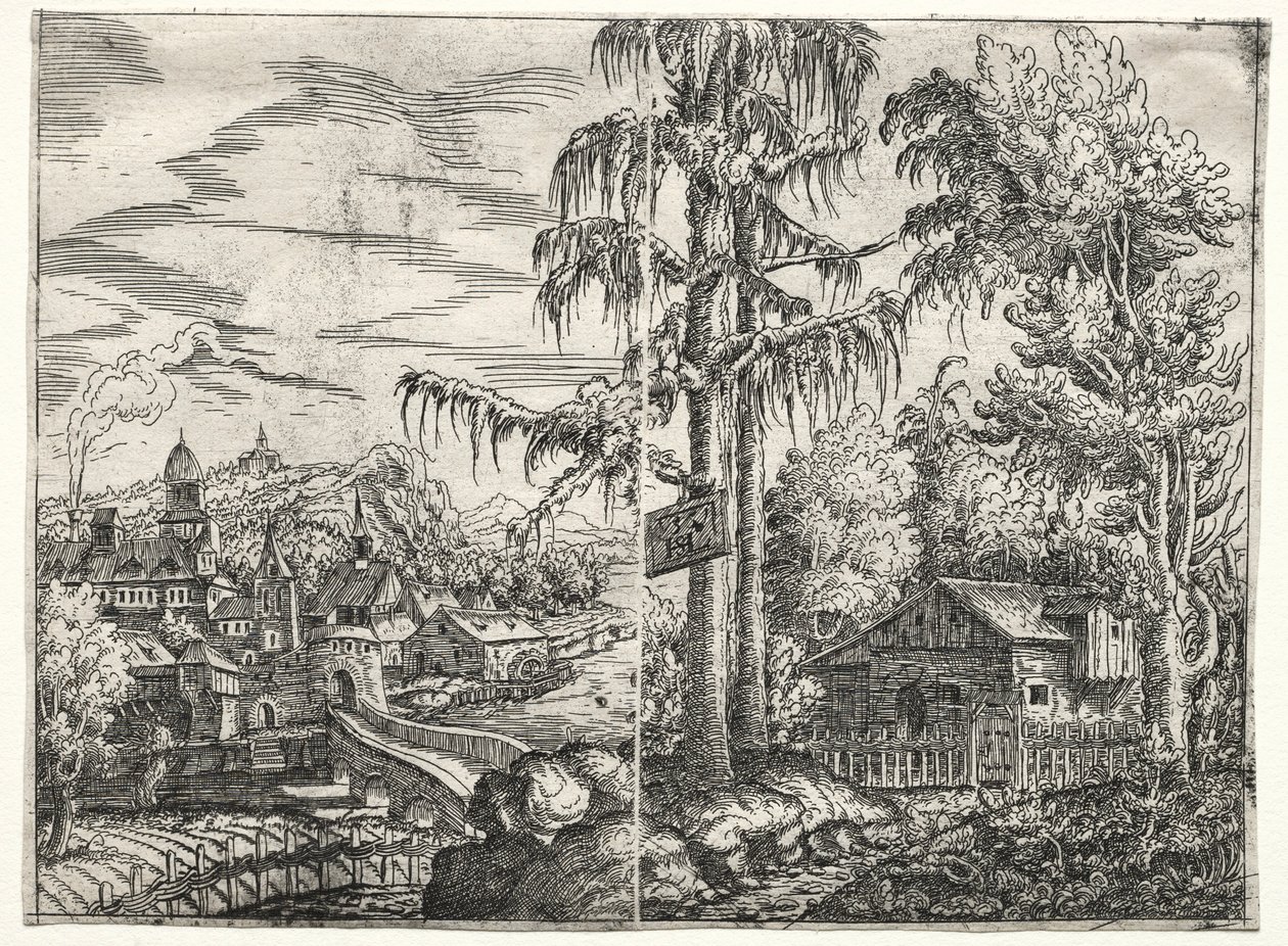 Paysage avec la ville sur une rivière et la chaumière entre les arbres, 1551 - Hanns Sebald Lautensack