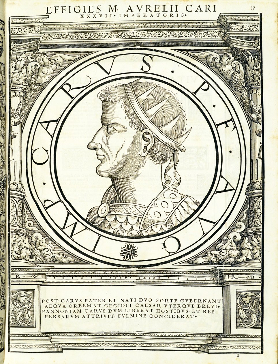 Carus, illustration de Imperatorum romanorum omnium orientalium et occidentalium verissimae imagines ex antiquis numismatis - Hans Rudolf Manuel Deutsch