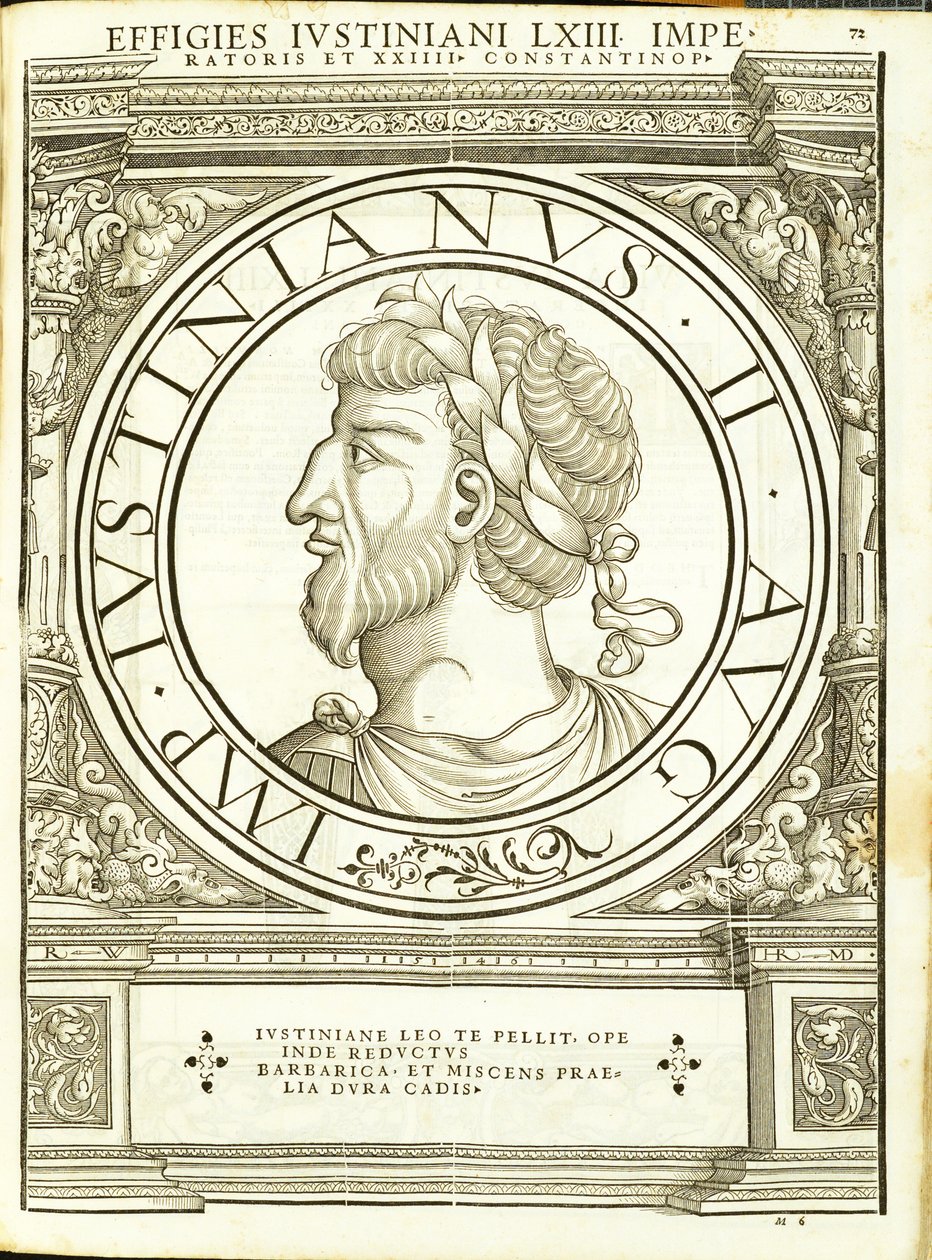 Iustinianus II, illustration de Imperatorum romanorum omnium orientalium et occidentalium verissimae imagines ex antiquis numismatis - Hans Rudolf Manuel Deutsch