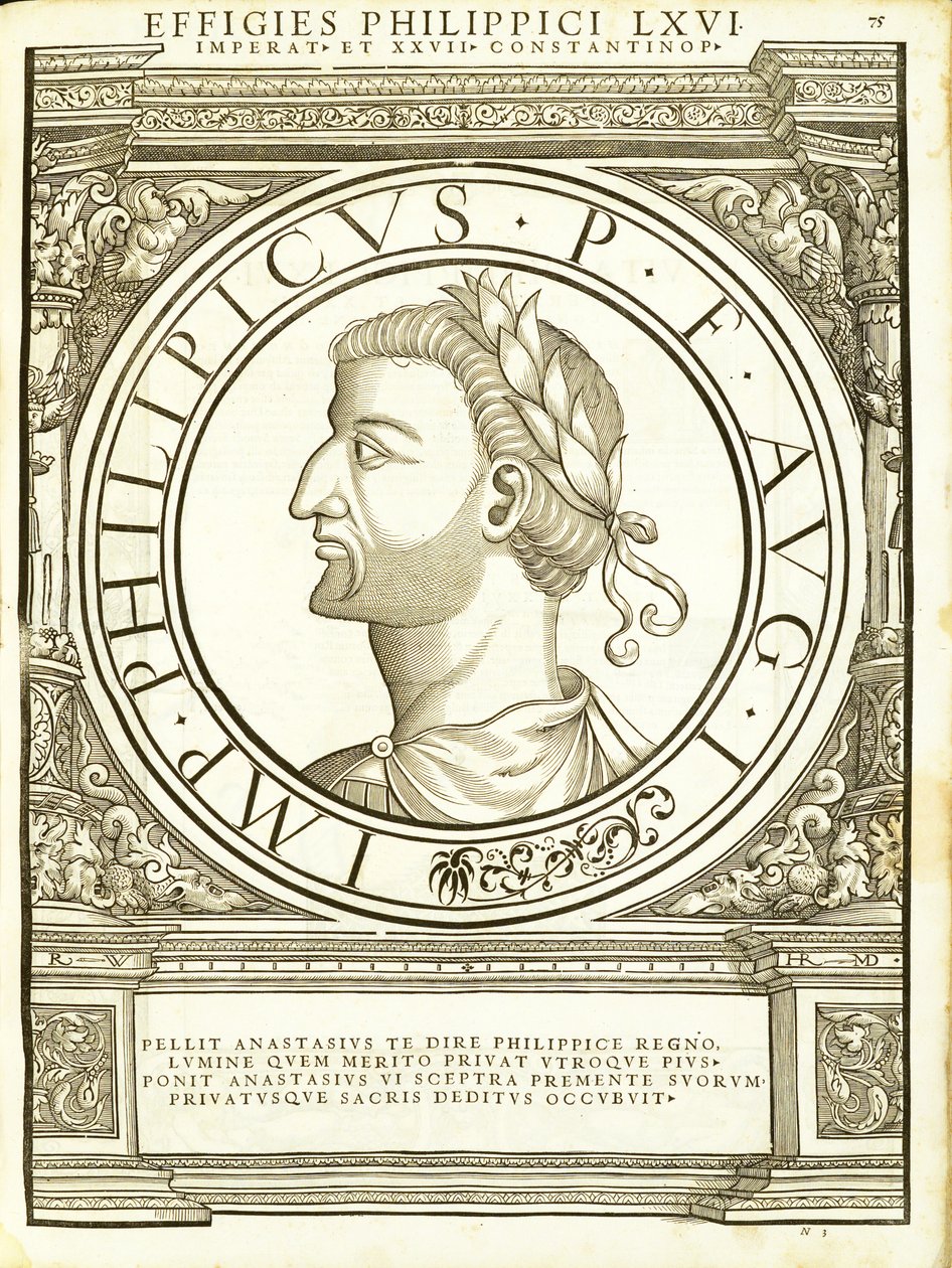 Philippicus, illustration de Imperatorum romanorum omnium orientalium et occidentalium verissimae imagines ex antiquis numismatis - Hans Rudolf Manuel Deutsch