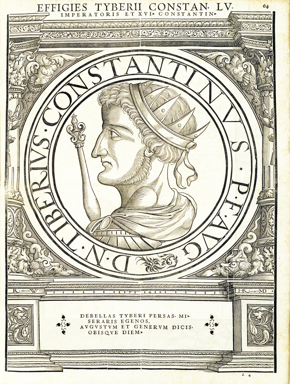 Tyberius Constantinus, illustration de Imperatorum romanorum omnium orientalium et occidentalium verissimae imagines ex antiquis numismatis - Hans Rudolf Manuel Deutsch