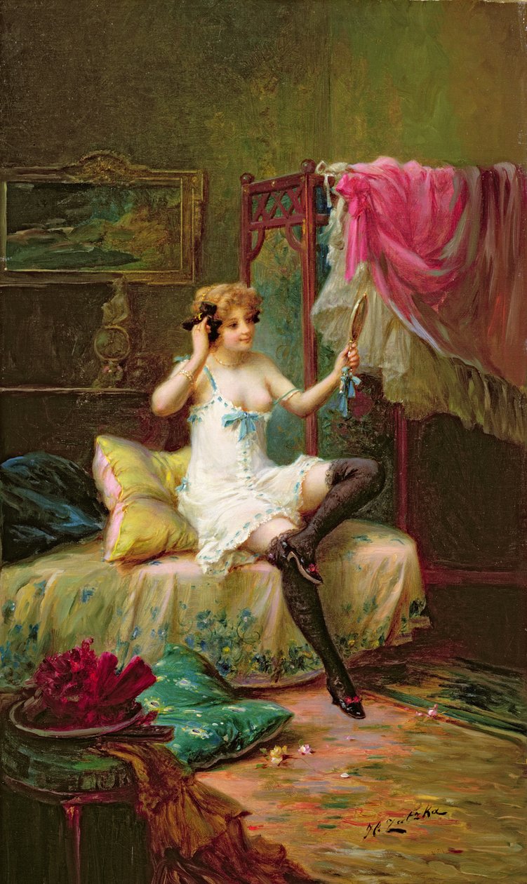 Une fille regardant dans un miroir - Hans Zatzka