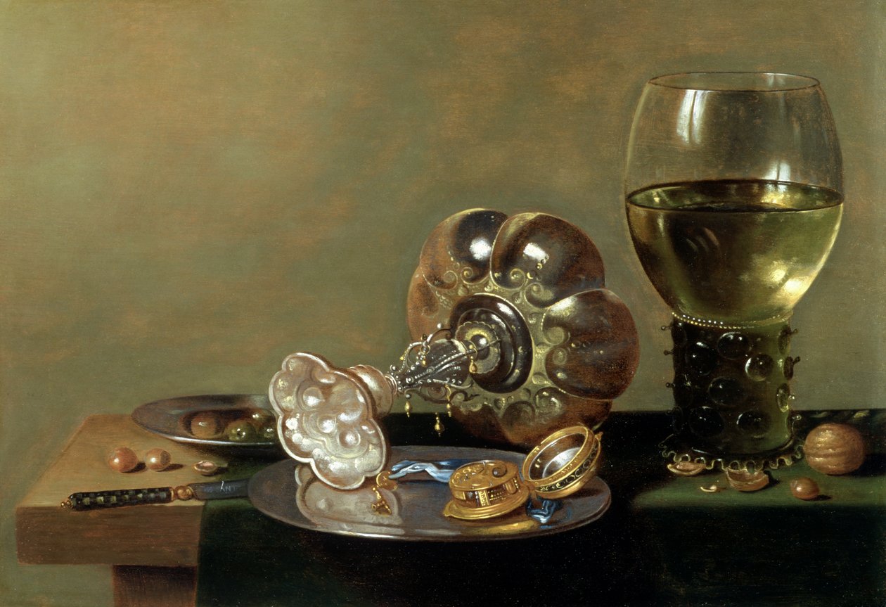 Nature morte avec verre de vin, tazza et une assiette en étain - Hans van Sant