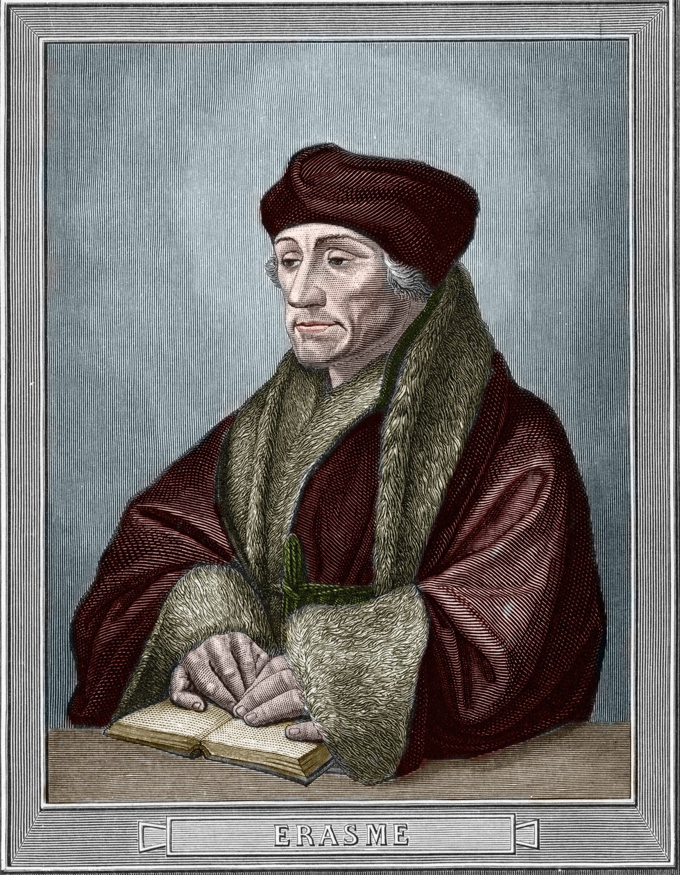 Portrait de Didier Erasme (Érasme de Rotterdam) (1469 - 1536), humaniste néerlandais. Gravure d