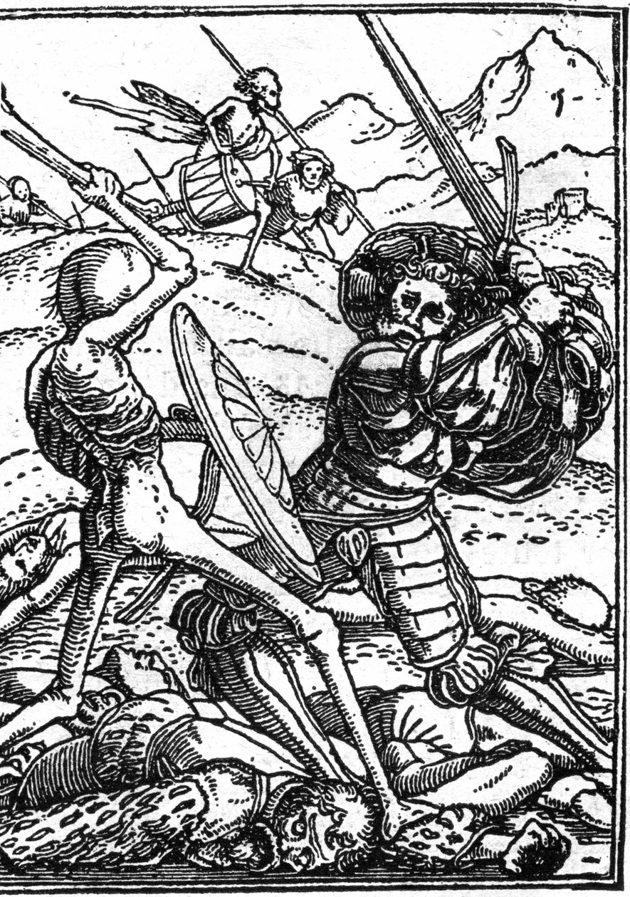 La fausse mort de Hans Holbein le Jeune (1497-1543) : le soldat. Un soldat combat la Mort ; à leurs pieds gisent les corps d