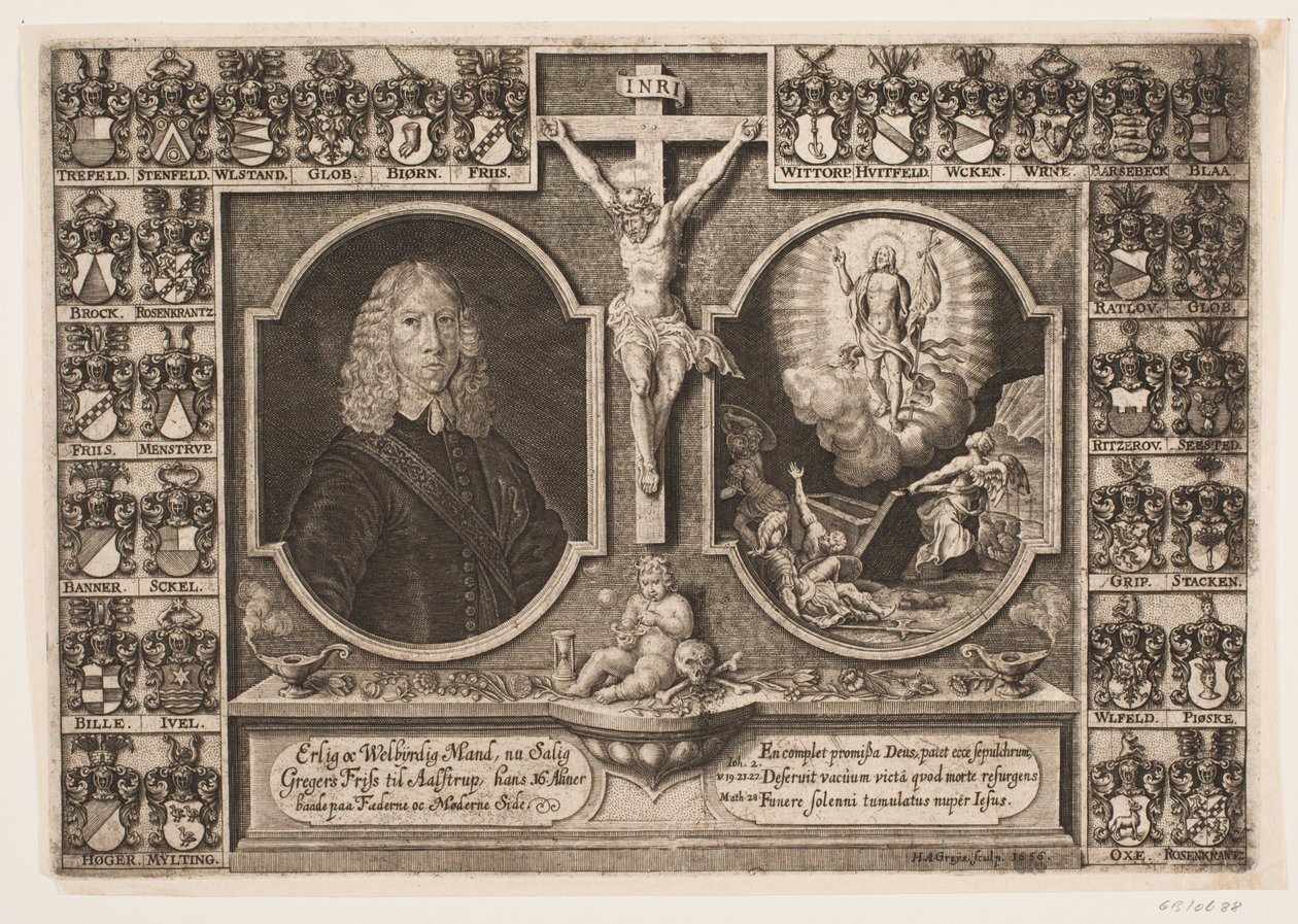 Gregers Friis à Ålstrup ainsi que le Christ en croix et la résurrection du Christ. Entouré de blasons - Hans Andreas Greys
