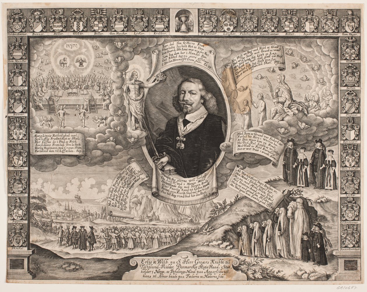 Gregers Krabbe à Torstedlund entouré de représentations allégoriques et de blasons - Hans Andreas Greys