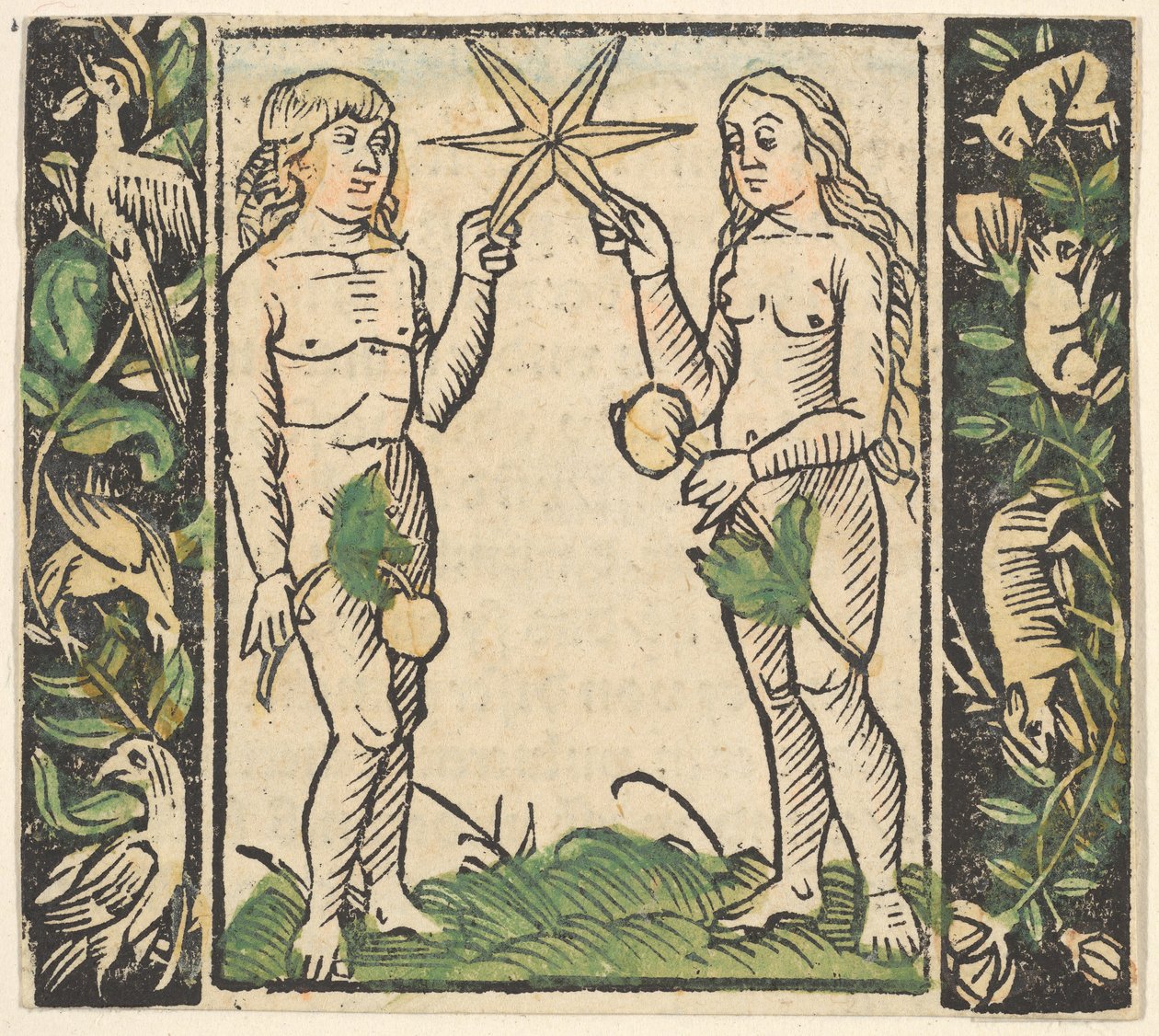 Adam et Ève tenant une étoile, illustration de Beschlossen Gart des Rosenkranz Mariae - Hans Baldung
