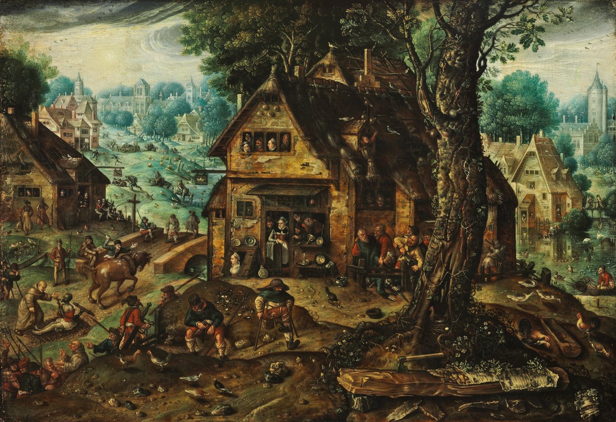 Vue de village avec de nombreuses personnes - Hans Bol