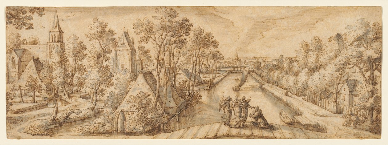 Vue de Delfgauw, avec Abraham et les trois anges - Hans Bol