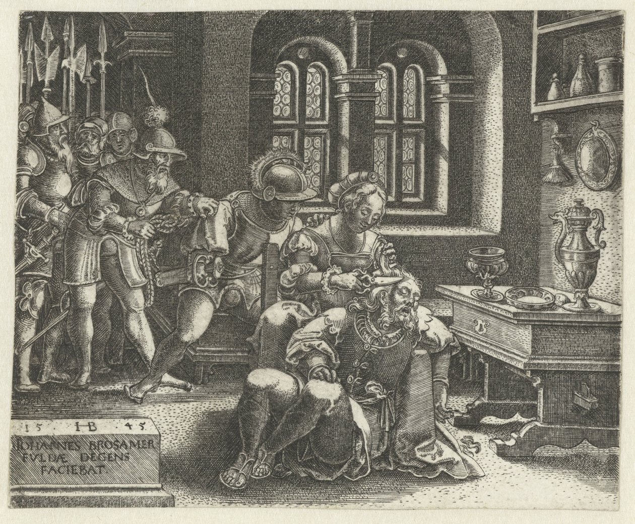 Dalila coupe les cheveux de Samson endormi tandis que les Philistins attendent - Hans Brosamer
