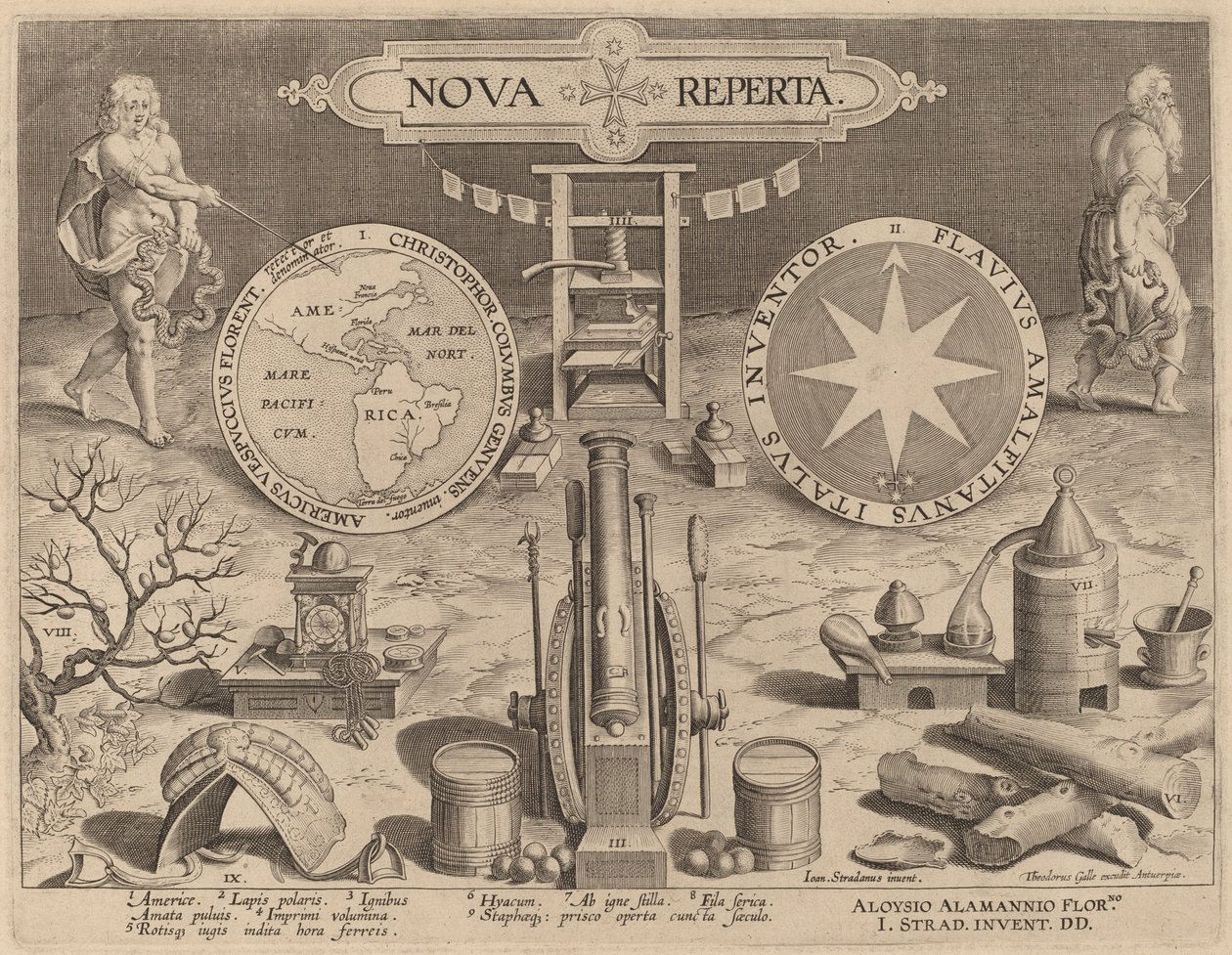 Page de titre pour Nova Reperta (Nouvelles découvertes) - Hans Collaert the Younger after Jan van der Straet