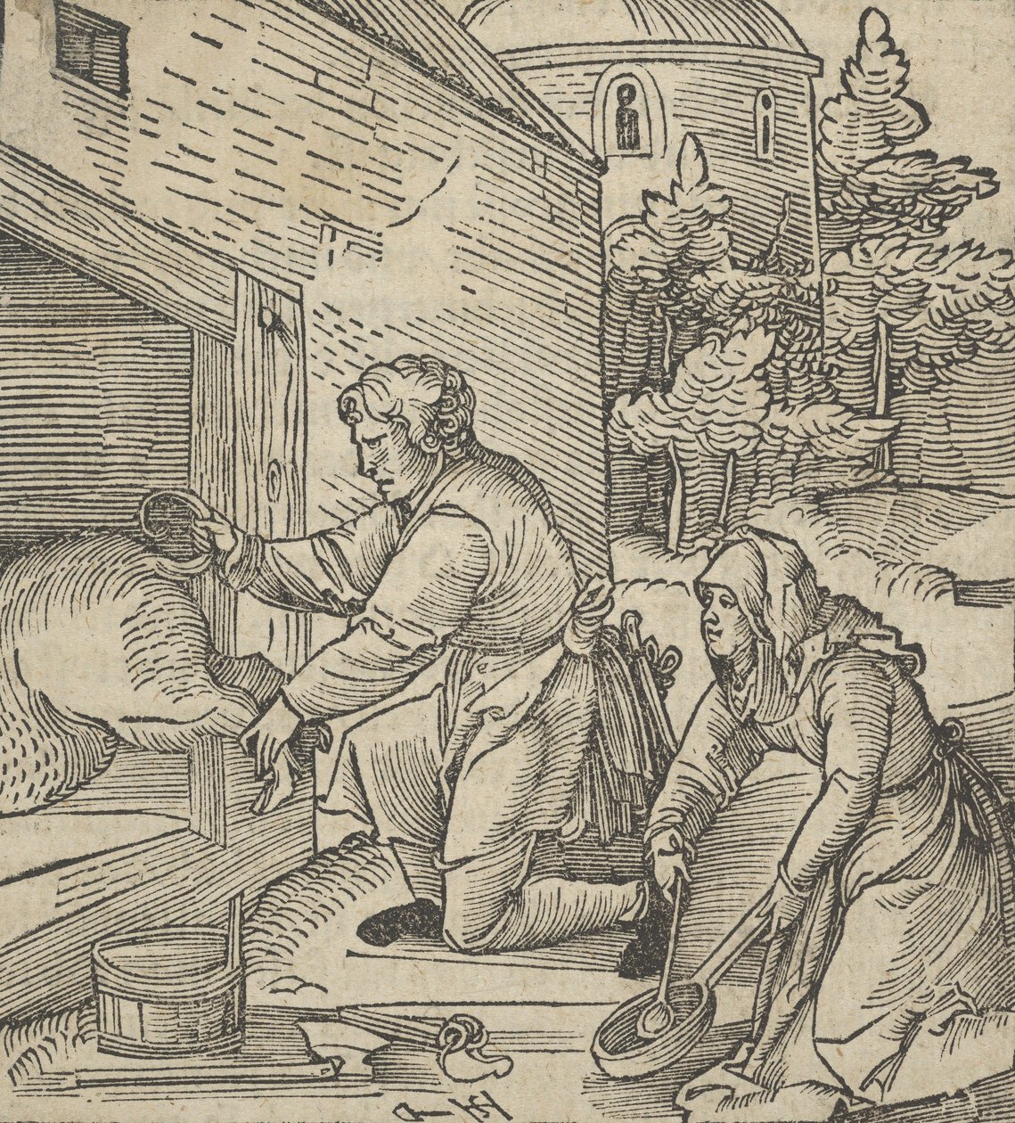 Un fermier abattant un cochon, de Hymmelwagen auff dem, wer wol lebt - Hans Schäufelein the Elder