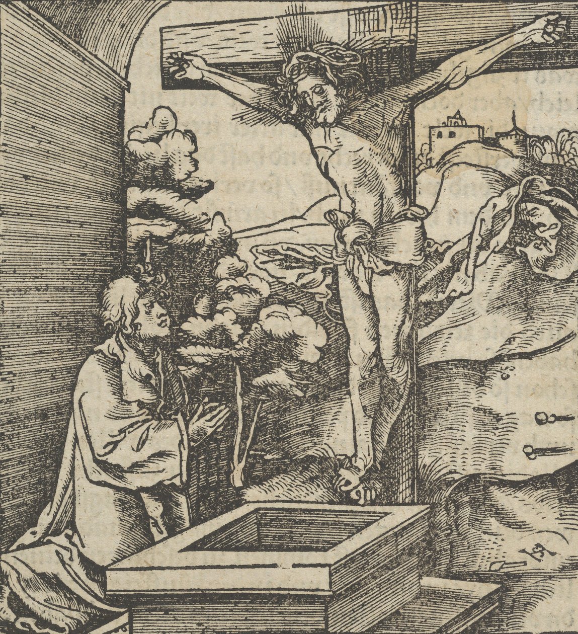 Un homme priant devant un crucifix, de Hymmelwagen auff dem, wer wol lebt..., 1517 - Hans Schäufelein the Elder