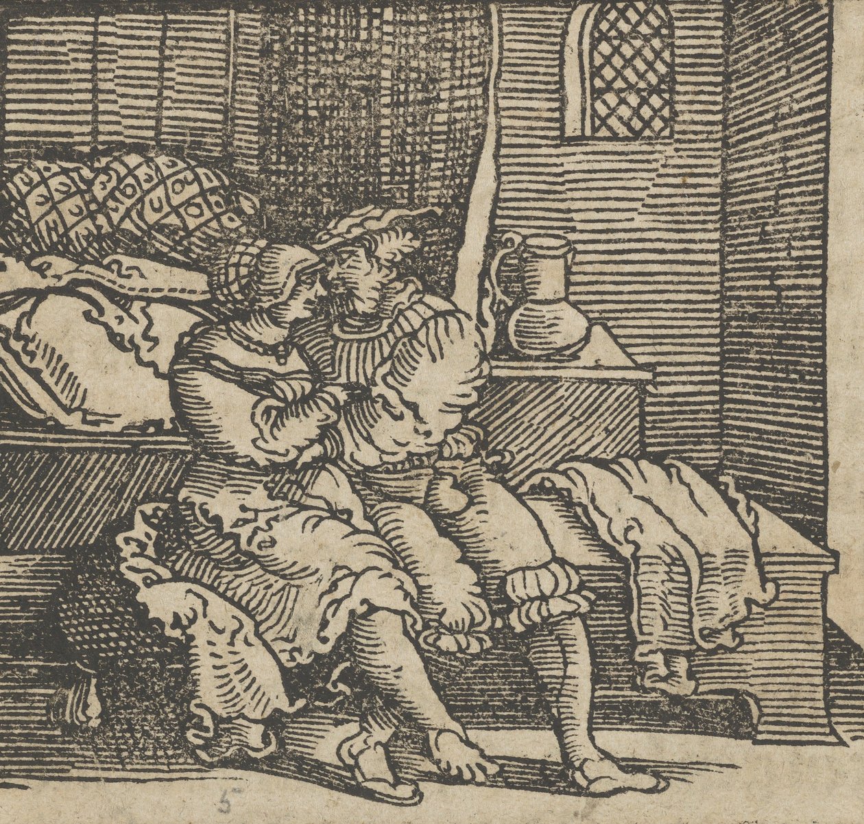 Spinneloccio enfermé dans un coffre, sur lequel sa femme et Zeppa sont assis - Hans Schäufelein the Elder