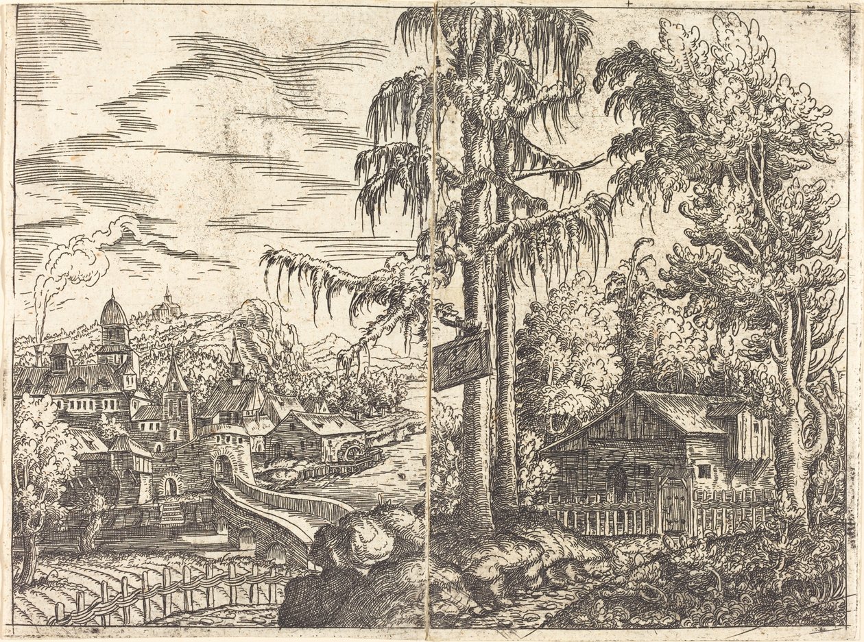 Paysage avec vue sur une chaumière et une ville près d