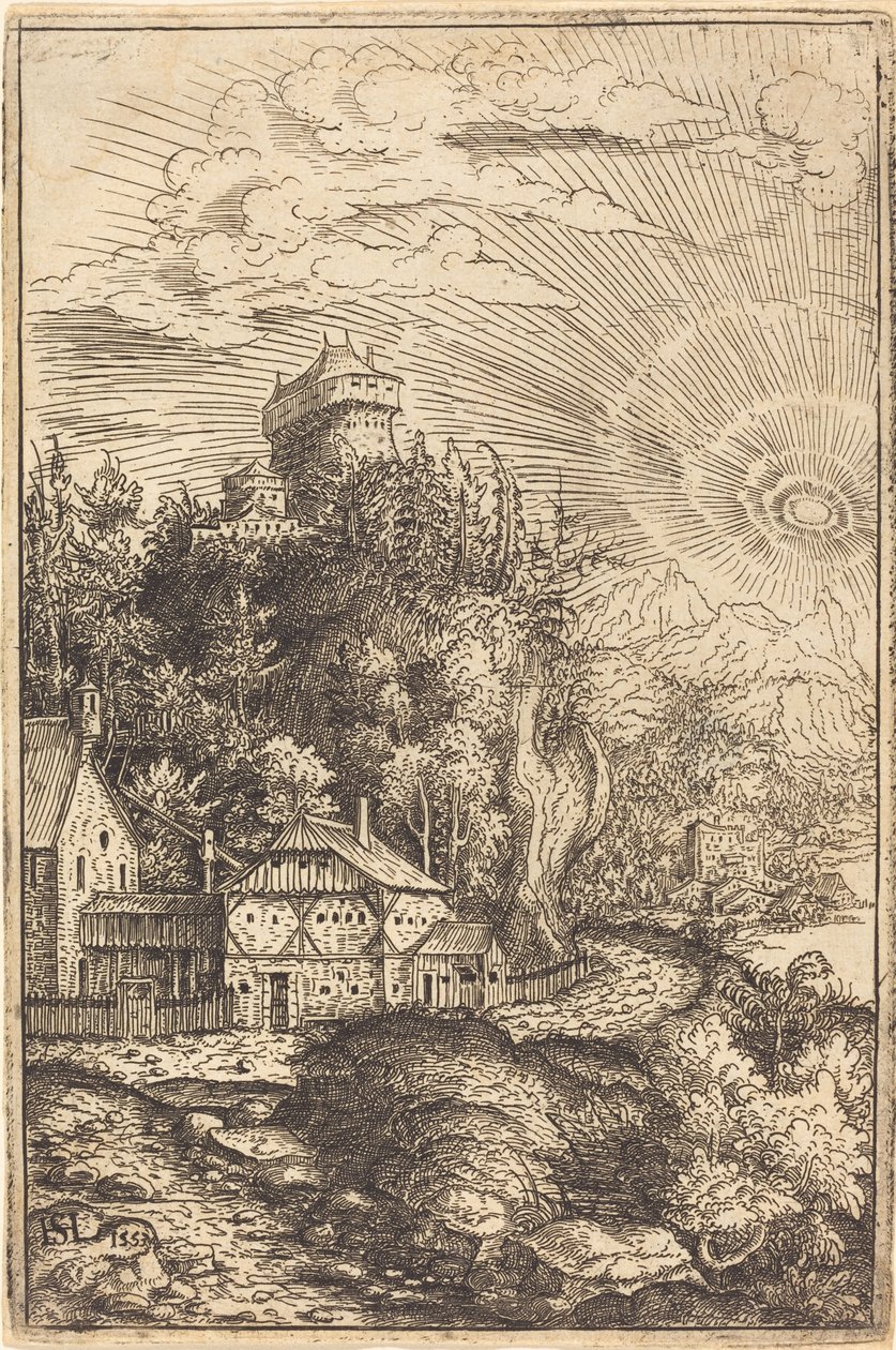 Paysage avec un château et un soleil rayonnant - Hans Sebald Lautensack