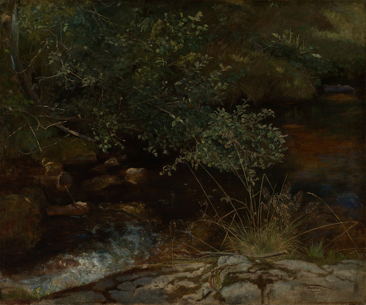 Bord de ruisseau avec des buissons et des herbes - Hans Thoma